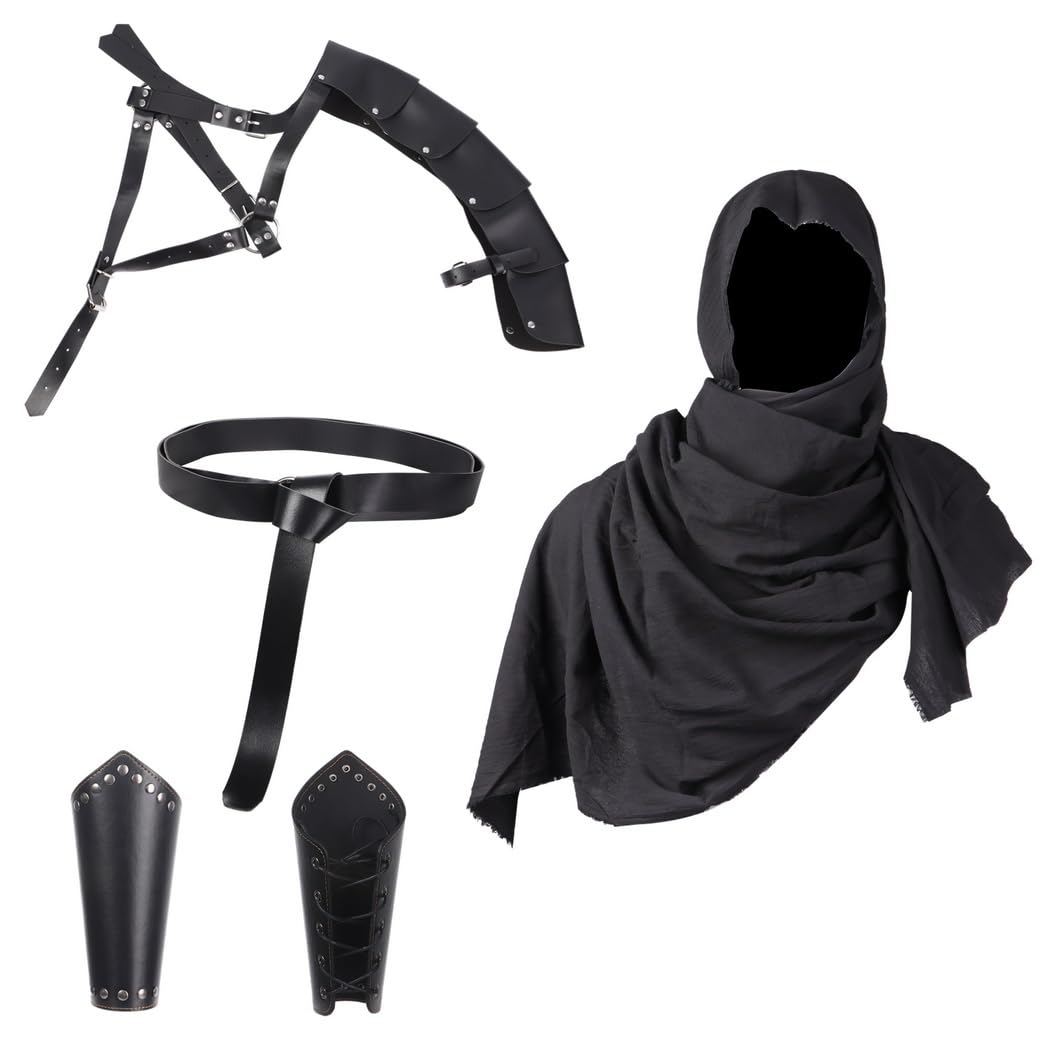5 pezzi Black Knight medievale Cosplay Outfit per uomo, cintura rinascimentale in pelle, mantello a mezza spalla, bretelle con fibbia, armatura per spalle steampunk per eventi, nero, taglia unica