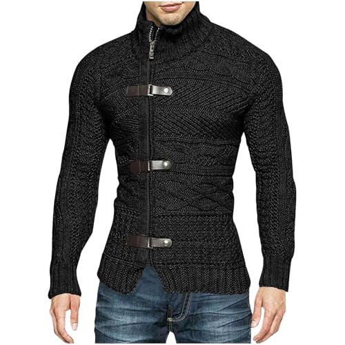 Cable Knit Sweater Men Oplique Zip Button Thicken Slim Fit Sweater Pullover Fashion Turtleneck Textured Cardigan