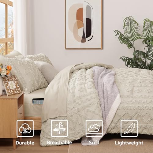 Image of King Size Comforter Set- 7 Pieces Tufted Bed in a Bag King Bedding Sets | All Season Shabby Chic Boho Bedding with Comforter, Sheets, Pillowcases & Shams, Beige