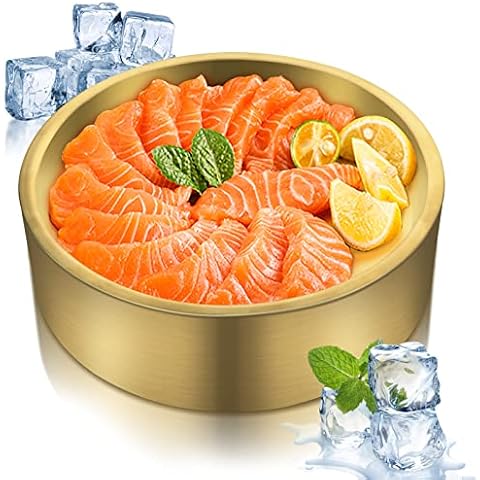 8.5in Gold Stainless Steel Ice Chilled Serving Trays, Appetizer Cold Serving Tray Platter with Ice, Iced Serving Tray for Parties, Cooling Shrimp Cocktail Serving Dish for Food Fruit (Gold) Cover