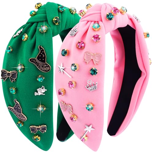 Srotmirw 2 Pcs Pink and Green Witch Knotted Headbands for Women Girls Witch Theme Party Headbands Favor for Movie Fans Gifts Halloween Costume Hair Accessories