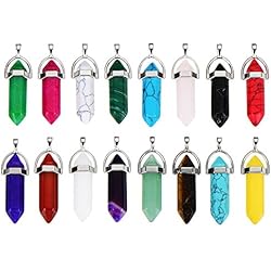 Lamparas Colgantes Grandes Baratas 16 Piezas Piedra de Cuarzo Puntiaguda Colgante de Cristal Hexagonal Colgantes de Piedra Preciosa de Bala con Bolsa de Almacenaje, 16 Colores