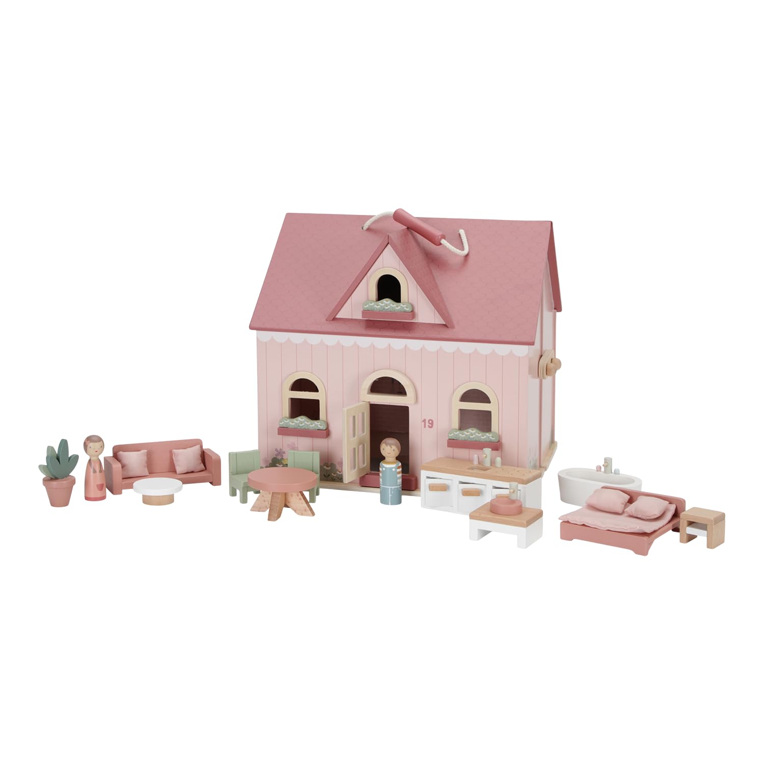 Little Dutch Casa de muñecas de madera portátil y plegable con muchos accesorios y figuras de juego, muebles rosa