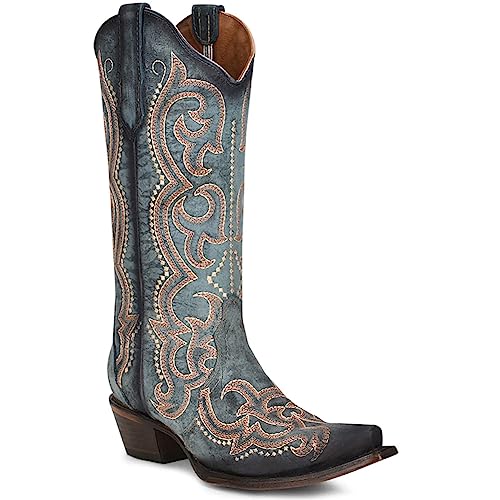 Image of Corral Boots Womens Blue Jean Embroidered Snip Toe Casual Boots Mid Calf Mid Heel 2-3 inch - Blue