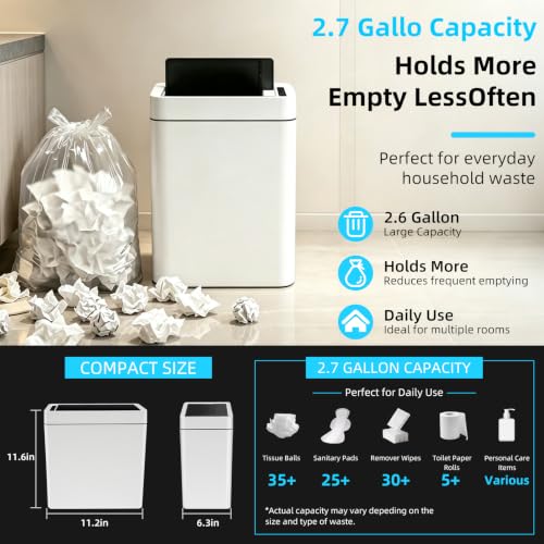 Image of 2.7 Gallon Slim Bathroom Touchless Trash Can, Automatic Smart Trash Can with Air-Press Bag Expander, Sensor Lid Waste Bin for Bedroom, Office & RV, White