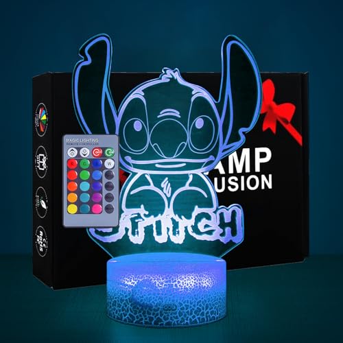 Hoofun Lámpara Stitch: Luz Nocturna Anime 3D Ilusión de 16 Colores con Control Remoto, Regalos y Merchandising de Stitch para Decoración de Habitación Infantil, Cumpleaños de Niñas, Navidad