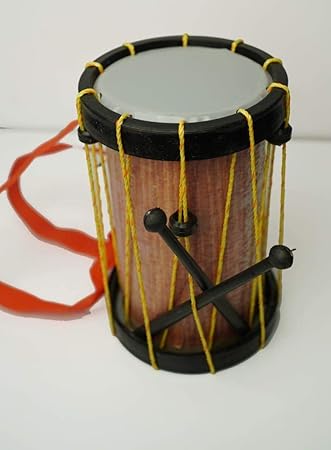 indian made kids drum musical toy (chenda, dhol) with sticks and hanging thread - medium size-Multi color