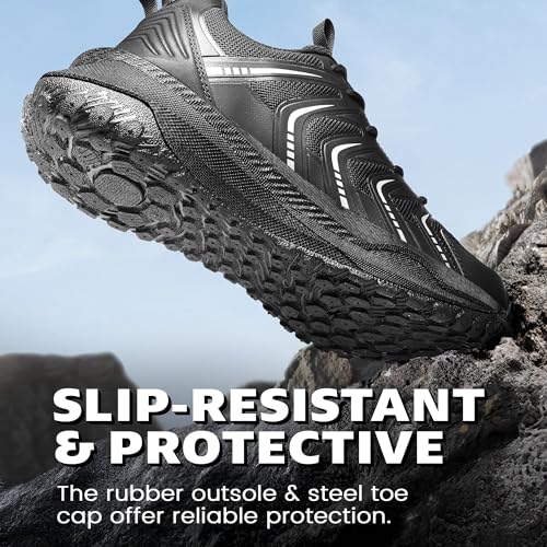 Steel Toe Shoes for Men Non Slip Work Sneakers Women Slip On Composite Toe Puncture Proof Air Cushion Indestructible Walking Hiking Shoes for Construction Camping Outdoor Training