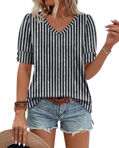 Image of OFEEFAN Womens Tops Short Sleeve Shirts Buttons V Neck Spring Fashion Summer Outfits Plus Size Blouses Dressy Casual
