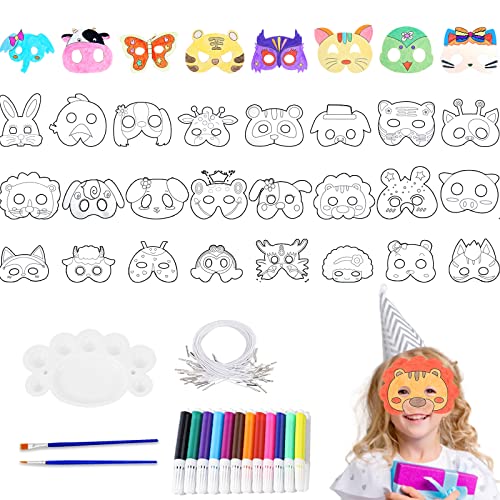 RUIJIE 32 peças máscara de animal crianças DIY máscara artesanato máscaras para colorir em branco pastas com cordas elásticas e canetas de cor para o Halloween cosplay aniversários festas