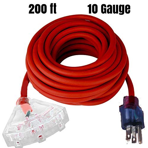 10/3 200 Ft Extension Cord Outdoor Heavy Duty Triple Outlet 10 Gauge Extension Cord 200 Ft 15 Amp, 1875 Watt (Extension Cord 200 Ft Outdoor , Red) #TOP7