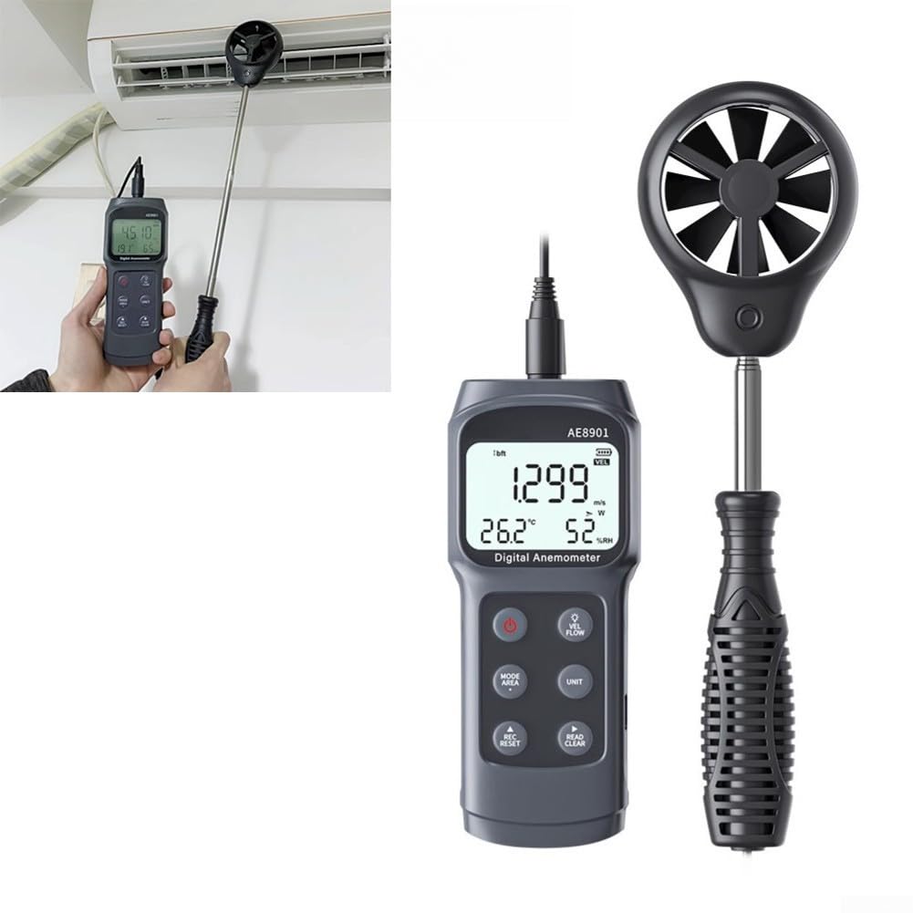 AE8901 Flügelrad-Anemometer Handheld Windgeschwindigkeitsmesser 0,3-45 M/s, Luftstrom CMM/CFM, Feuchtigkeit & Taupunkt, ABS Gehäuse Für Industrie & Landwirtschaft