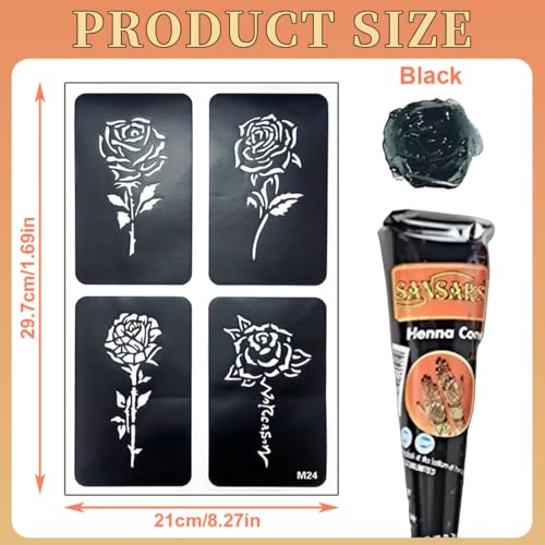 NHPY 4 Stück Hen_na Tattoo Schwarz,Temporäre Tattoos+30 Hen_na Tattoo Schablone,Temporäre Mehndi Tattoos,Natürliche Kegel,Tattoo Sticker,Temporäre Tätowierung Schwarz,Tattoo Farbe Schwarz