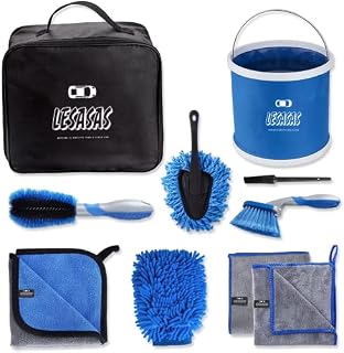 lesasas Car Cleaning Kit with Storage Bag, 9L Foldable Bucket, Detailing Brush Set 9 Pcs, 27cm Short Handle Wheel Brush, Microfiber Wash Mitt, Drying Towel for Dust Remove and Dirty Rim Washing, Blue