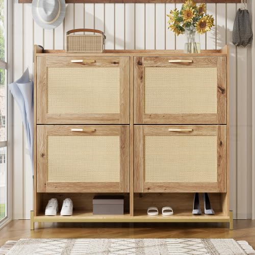 Merax Wooden Shoe Cabinet with Rattan Doors – 4-Door Shoe Storage Cabinet, Space-Saving Shoe Rack Cabinet for Hallway, Entryway, or Corridor, Metal Frame with Top Shelf, Holds 16–20 Pairs