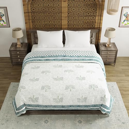 Image of BLOCKS OF INDIA Hand Block Printed Cotton King Size Quilt /Rajai | Green Tree