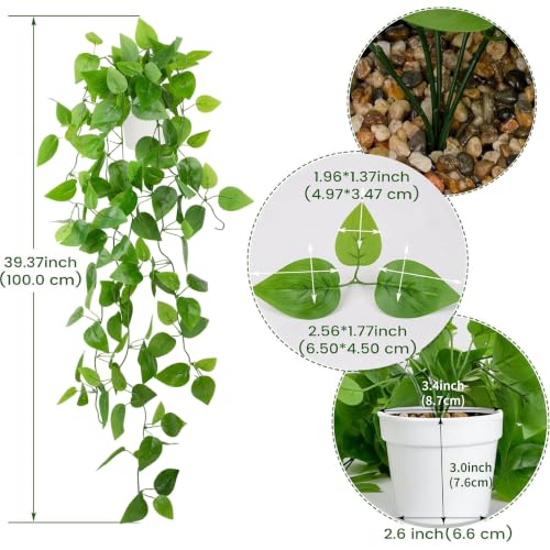 Image of LOYWREE Small Fake Hanging Plant Artificial Potted Plants for Indoor Outdoor Aesthetic - 39in Realistic Faux Hanging Pothos with Ivy Vine for Shelf Decor in Home Office Gardens Greenery (White Pot)
