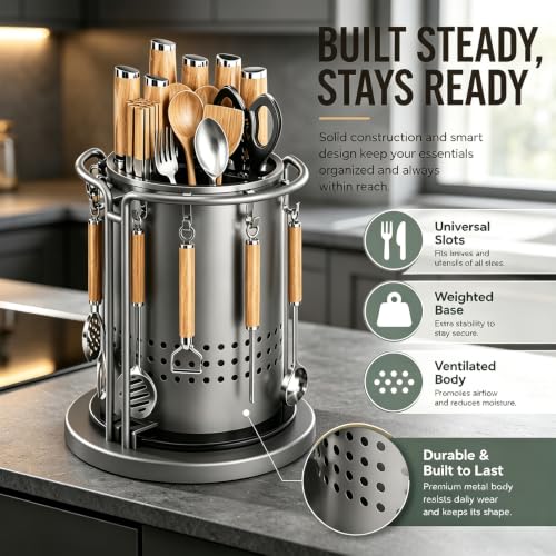 360° Rotating Stainless Steel Knife Holder & Organizer, Multi-function Round Kitchen Knife Storage Rack with Detachable Drip Tray, 6 Hooks, Multi Slot, Space Saver,Bonus 5 Dish Sponges,Black:Short - Image 4