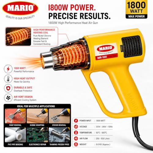 Image of MARIO Heavy Duty - Hot Air Heat Gun - 2 Speed Fan Heat Gun for High Temperature Use - Dual Settings Plastic - 1800 Watts - Yellow Color | Heat-Resistant Body, Ergonomic Grip & Overheat Protection for Safe Extended Use
