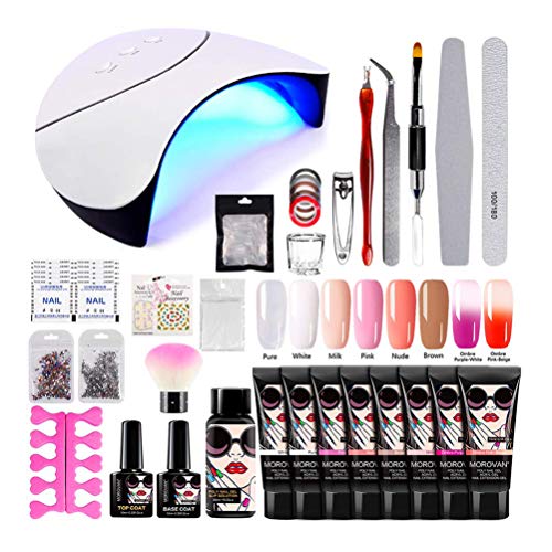 Morovan Poly Nail Extension Gel Kit Set, with 8pcs 15ml Poly Gel, 36W LED UV Curing Lamp Nail Dryer, Slip Solution, Poly