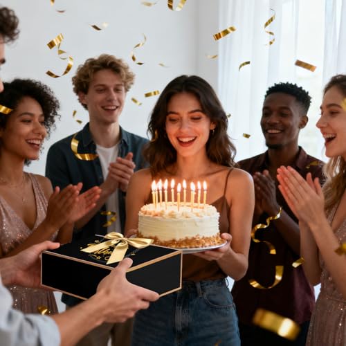 AOOSU Geschenktüte Geburtstag, Papier Geschenktüten mit Schleife + 1 Grußkarten + 3 Seidenpapier, Schwarz Geschenktaschen mit Henkel, Frauen Männer Birthday Gift Bag, Geschenkverpackung für Geschenk