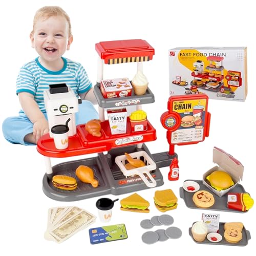 Juego de Cocina para niños Juegos de Juguetes de Cocina con Pilas con Sonidos Juegos de Comida Artificiales con dispensador de Agua y Caja registradora, Hamburguesa, 71 Piezas/Juego