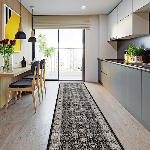 Hallway Washable Runner Rug - 2'6x12 Kitchen Rugs Entryway Rug Runner Vintage Soft Floor Mat Non Slip Indoor Farmhouse Carpet for Bathroom Living Room Bedroom (2'6''x12', Black)