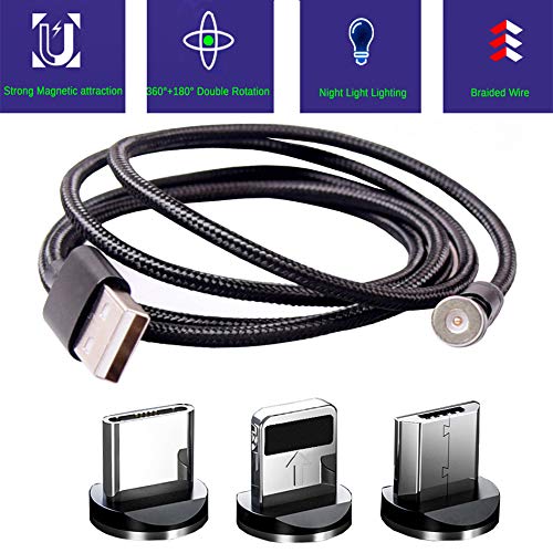 Top-Longer Multi 3-en-1Cable USB Magnético con LED, Cable Magnetic de Carga Cargador Iman con Tipo Micro USB/Tipo C/Type C/USB C/I-(Phone/Pad) 540°Rotation (360°+180°Double Rotation) -3.3ft/1m,Negro