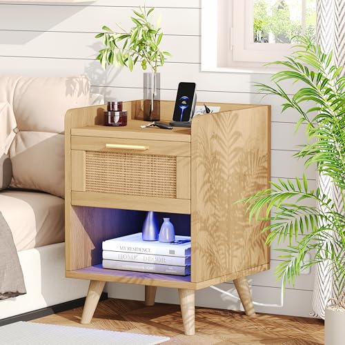 Set of 2 Boho Nightstands with Charging Station and LED Lights for Bedroom or Dorm