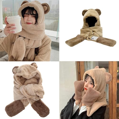 Conjunto de invierno infantil y mujer gorro bufanda guantes oso peluche dibujos animados suave 2