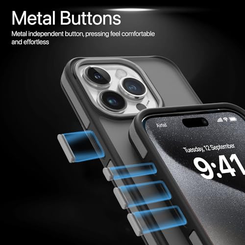 Image of Vaku Luxos Elemento Series Back Cover Case for iPhone 15 Pro Metal Frame Camera Bump Shockproof Scratch Resistant Slim Thin Military-Grade Protection- Grey