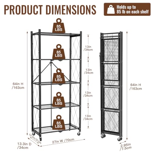 Image of black leopard 5-Tier Foldable Metal Storage Shelf with Wheels, Black | Foldable Design; 85 lb Capacity per Shelf; Preassembled Frame; Lockable Casters; Reinforced Metal Construction