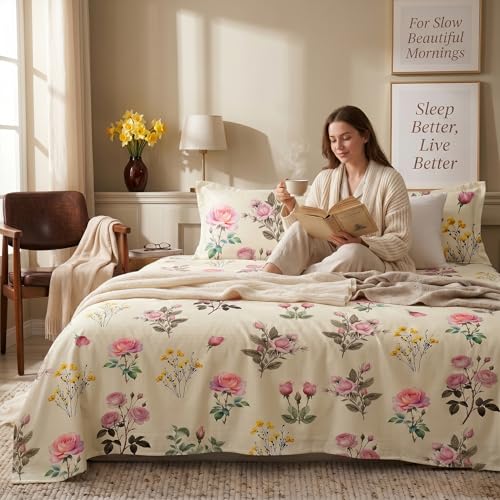 Image of BSB HOME 240 TC Cotton Bedsheet with 2 Pillow Covers, Soft Breathable Floral King Size Flat Bed Sheet - 90 x 100 Inches (228 x 254 cm) (Dusty Rose)