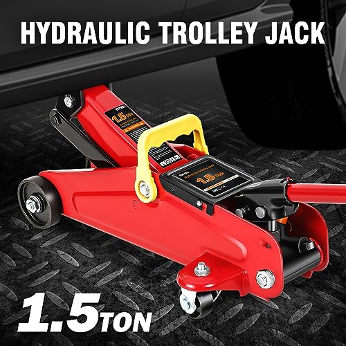 Image of DNA Motoring 1.5 Ton Car Floor Jack Low Profile Hydraulic Trolley Service /Floor Jack, 1.5T / 3000 lbs Capacity, Lifting Range 5.3 Inch -12 Inch, with Storage Case, Red, TOOLS-00326