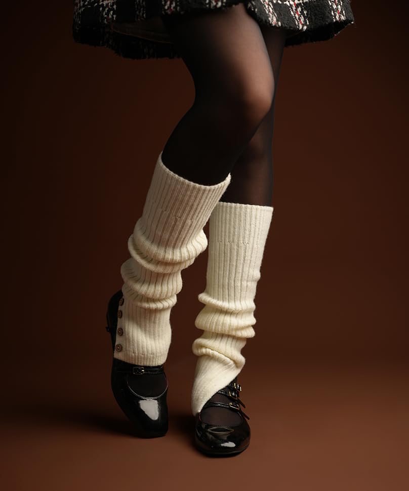 Image of Theater Women Ribbed Knit Leg Warmer - Cream | Soft Stretchable Acrylic Blend | Cozy Layer Over Boots & Tights | Free Size Winter Accessory