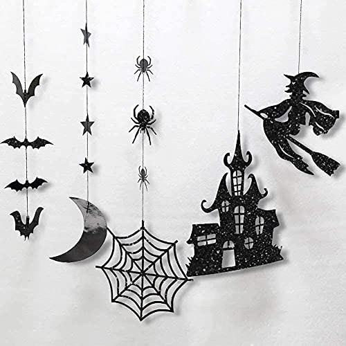 Glitter Black Halloween Party Decorations Gothic Birthday Garlands Hanging Witch Bat Spider Haunted House Star Moon Decor Streamers Backdrop Birthday Baby Shower Home Office Classroom Decor #TOP6
