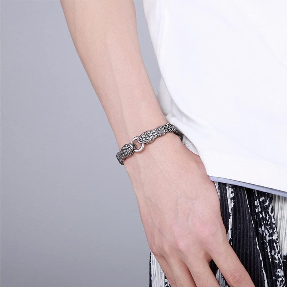 Ouroboros - Jormungandr Viking Bracelet, Men Stainless Steel Heavy Handmade Punk Vintage Biker Snake Wrist Chain, Novelty Nordic Serpent Dragon Amulet Ethnic Jewelry Cuff Bangle,Style 4 silver,21cm