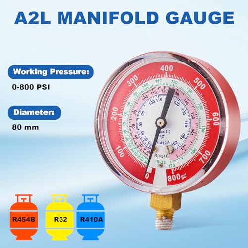 Image of A2L Manifold Gauge, R454B Red High Pressure Gauge, 1 /8 inch Male NPT (80 mm) Refrigerant Pressure Gauges for R-454B R-32 R410A HVAC System, 800 PSI (Red)