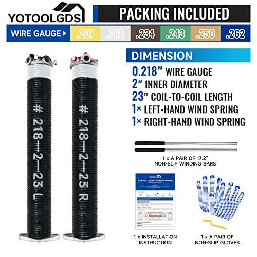 YoToolGDS Garage Door Torsion Spring Kit with Non-Slip Wrap Bars and Gloves, High Precision Electrophoresis, Oil Free, Black Coated for Replacement, Min 16,000 Cycles (1/4" x 2" x 2")