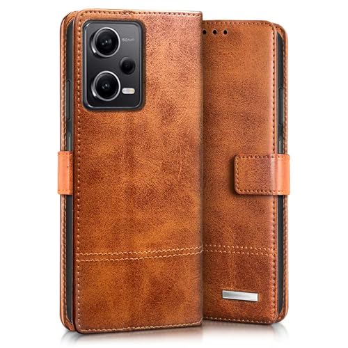 Image of WOW IMAGINE Shock Proof Hand Stitched Luxury Premium Flip Cover Case for Xiaomi Redmi Note 12 Pro 5G (Flexible | Leather Finish | Card Pockets Wallet & Stand | Tanned Brown)