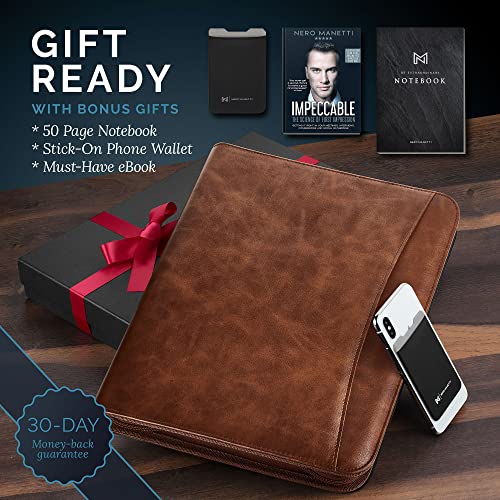 Nero Manetti- Zippered Vegan Leather Padfolio/Portfolio Pad Holder-Business Pu Leather Notepad Folder For Resumes, Interviews, Ipad/Tablet, Phone, Legal Pad Notebook Executive Binder For Women, Men #TOP1