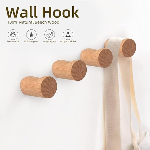 Miniatura 2 de Wood Towel Hooks, 4 Pack Coat Hooks Wall Mount, Wooden Pegs for Hanging Bag
