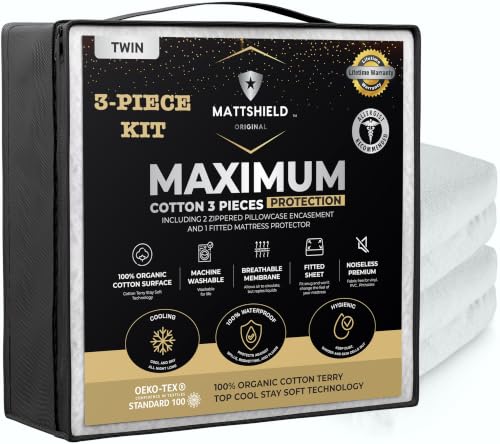 MATTSHIELD Maximum 3-Piece Kit - Waterproof Organic Cotton Terry Mattress Protector Twin + 2 Pillow Protectors - Fitted with Stretchable Pockets - Skin-Friendly Breathable Mattress Cover