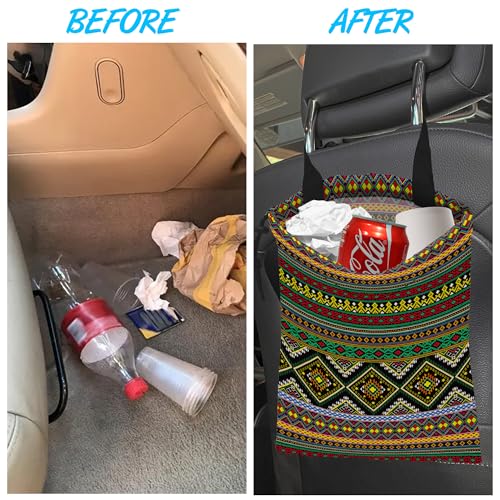 Image of Car Trash Bag Hanging Green Ethnic Style Car Trash Can Waterproof Garbage Bag Hanging for Car Back Seat