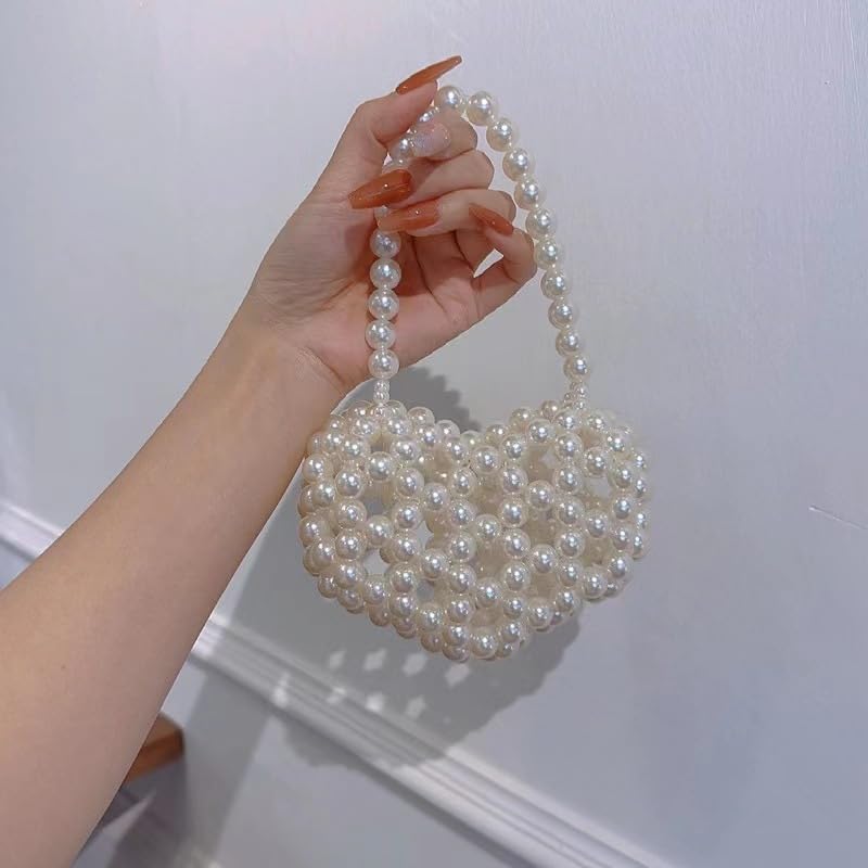 Image of Heart White Beaded Pearl Handbag Purse Acrylic Beaded Handbag Mini Wrislet Clutch Elegant Evening Bag for Party Wedding