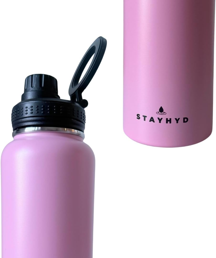 36 oz Stainless Steel Water Bottle – Double Wall Insulated, Wide Mouth, Metal Sports Bottle with Leakproof Sport Cap. Keeps drinks cold/hot – Pink