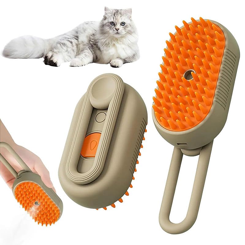 Image of 3-in-1 Cat Grooming Brush - Water Spray & Self-Cleaning Shedding Brush for Cats & Dogs - Pet Hair Removal & Massage Comb for Long & Short Hair (beige). (Beige)
