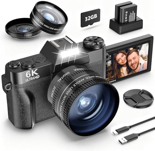 Câmera digital 6K 64MP para fotografia NIKICAM Vlogging para YouTube com tela flip de 180°, WiFi, zoom digital 16x, lente de 52 mm, 2 baterias, cartão micro SD de 32 GB (preto)