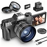 Câmera digital 6K 64MP para fotografia NIKICAM Vlogging para YouTube com tela flip de 180°, WiFi, zoom digital 16x, lente de 52 mm, 2 baterias, cartão micro SD de 32 GB (preto)