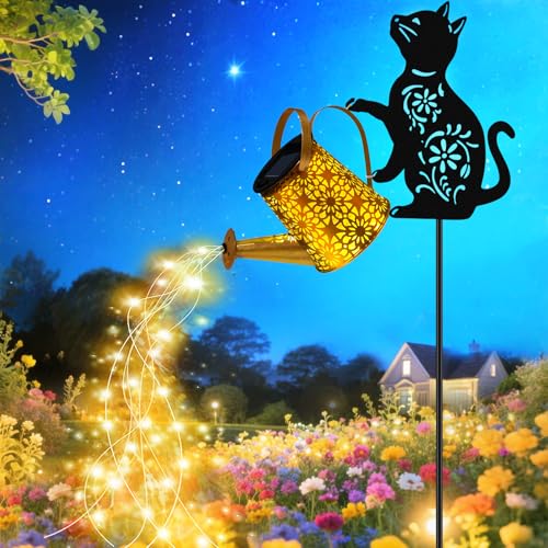 Solar Watering Can Lights, Cat Hanging Lantern Solar Lights Outdoor, Cat Lover Gifts for Mom Women Birthday Mother's Day Christmas, Waterproof Garden Decor Outside Patio Yard Pathway Backyard